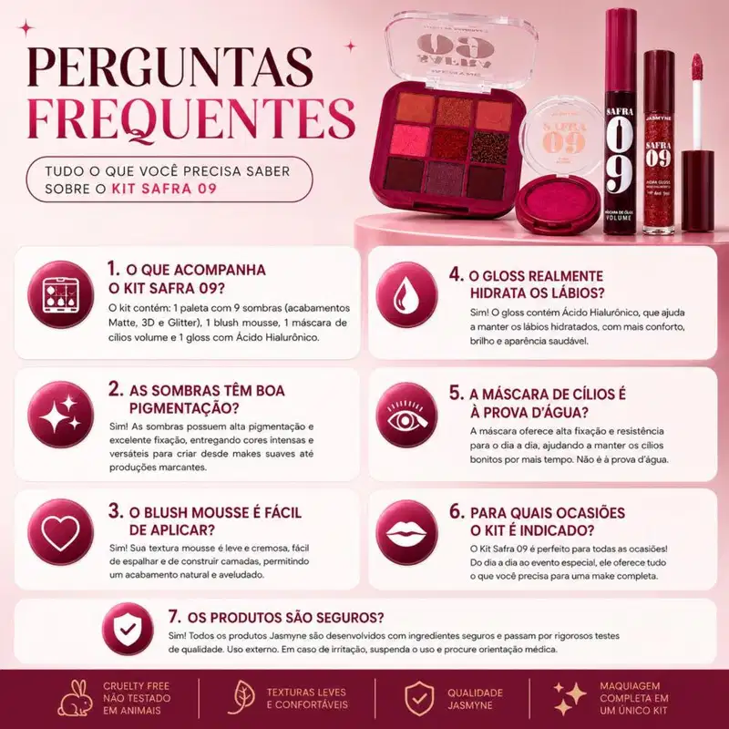 Kit Jasmyne Safra 09: Paleta De Sombras + Blush Mousse Rosado, Máscara De Cílios E Hidra Gloss Frambroesa