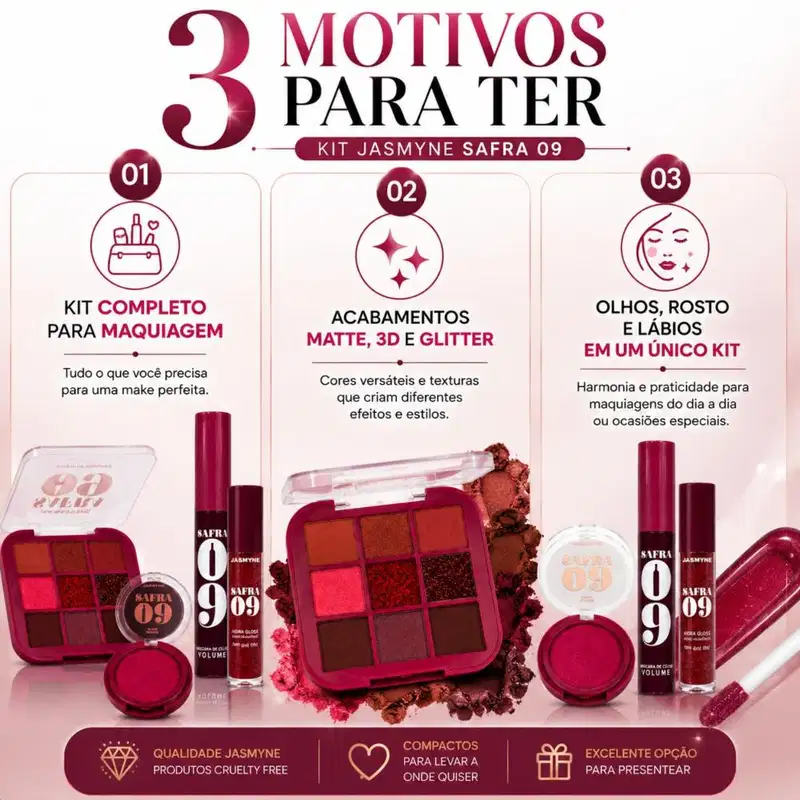 Kit Jasmyne Safra 09: Paleta De Sombras + Blush Mousse Rosado, Máscara De Cílios E Hidra Gloss Frambroesa