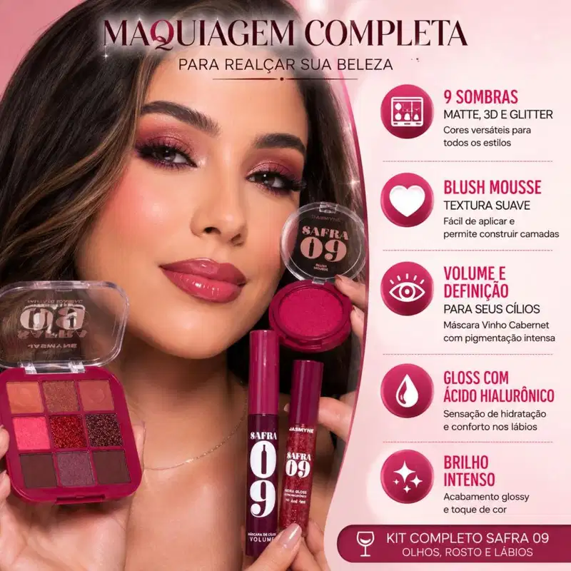 Kit Jasmyne Safra 09: Paleta De Sombras + Blush Mousse Rosado, Máscara De Cílios E Hidra Gloss Frambroesa