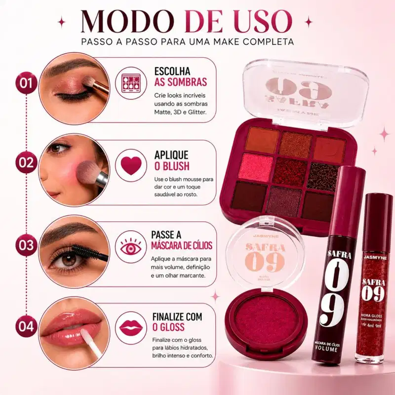Kit Jasmyne Safra 09: Paleta De Sombras + Blush Mousse Rosado, Máscara De Cílios E Hidra Gloss Frambroesa