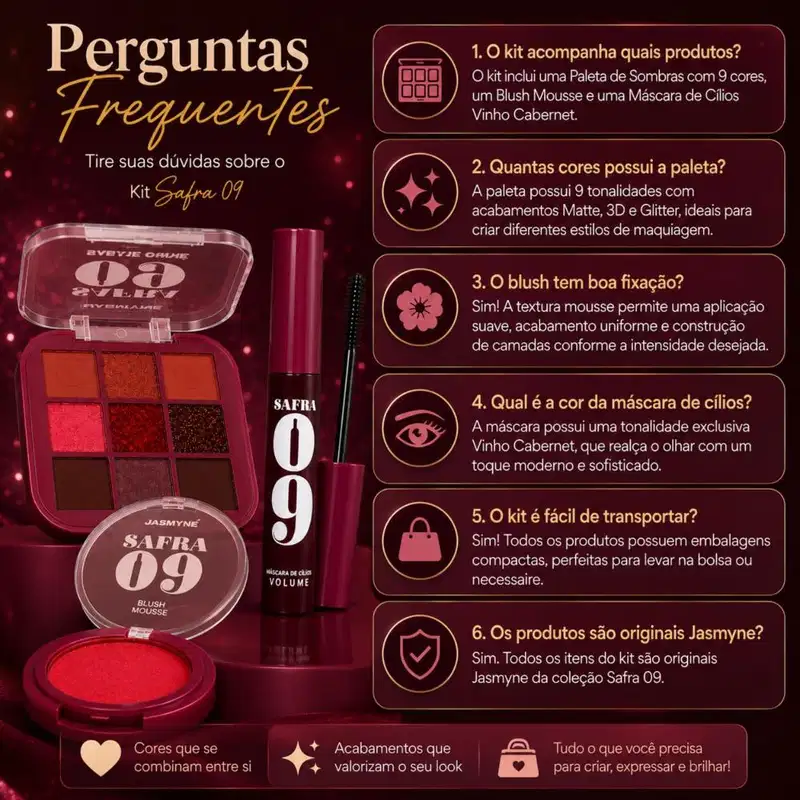 Kit Jasmyne Safra 09: Paleta De Sombras, Blush Vermelho, E Máscara