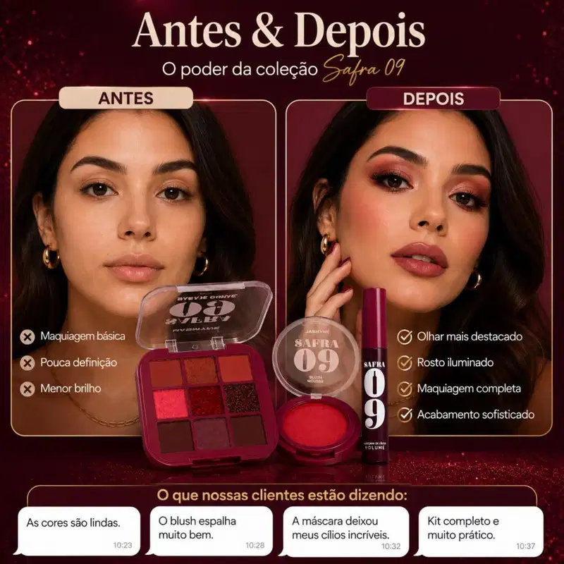 Kit Jasmyne Safra 09: Paleta De Sombras, Blush Vermelho, E Máscara