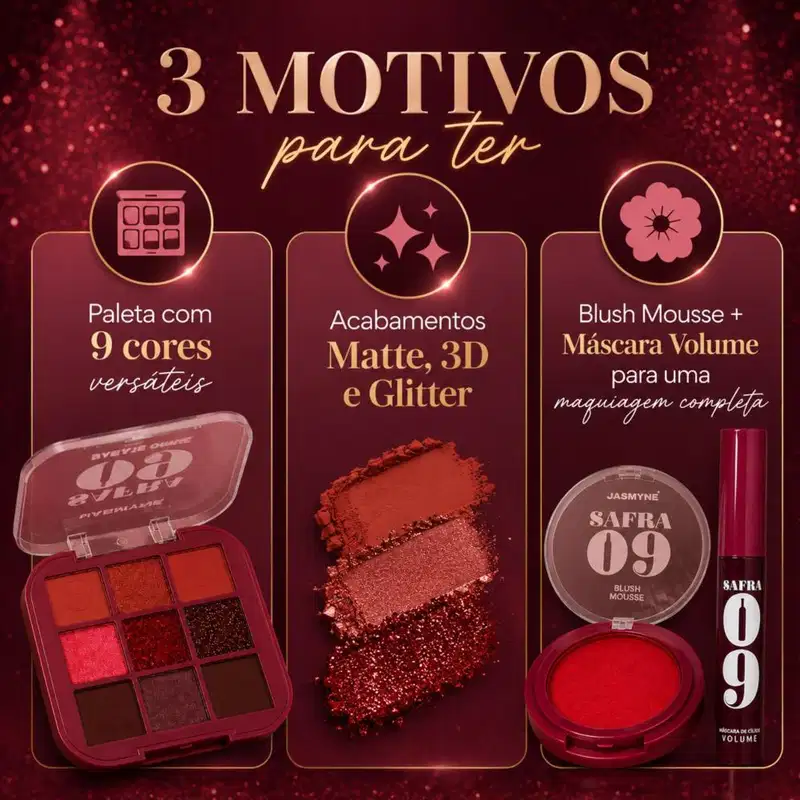 Kit Jasmyne Safra 09: Paleta De Sombras, Blush Vermelho, E Máscara