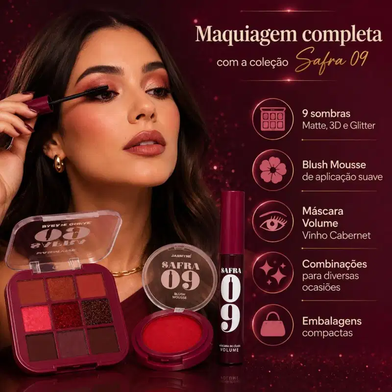 Kit Jasmyne Safra 09: Paleta De Sombras, Blush Vermelho, E Máscara