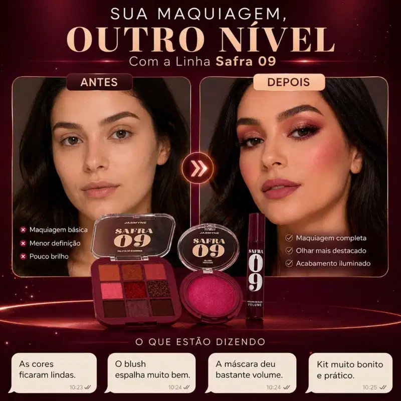 Kit Jasmyne Safra 09: Paleta De Sombras, Blush Pink Rosado, E Máscara