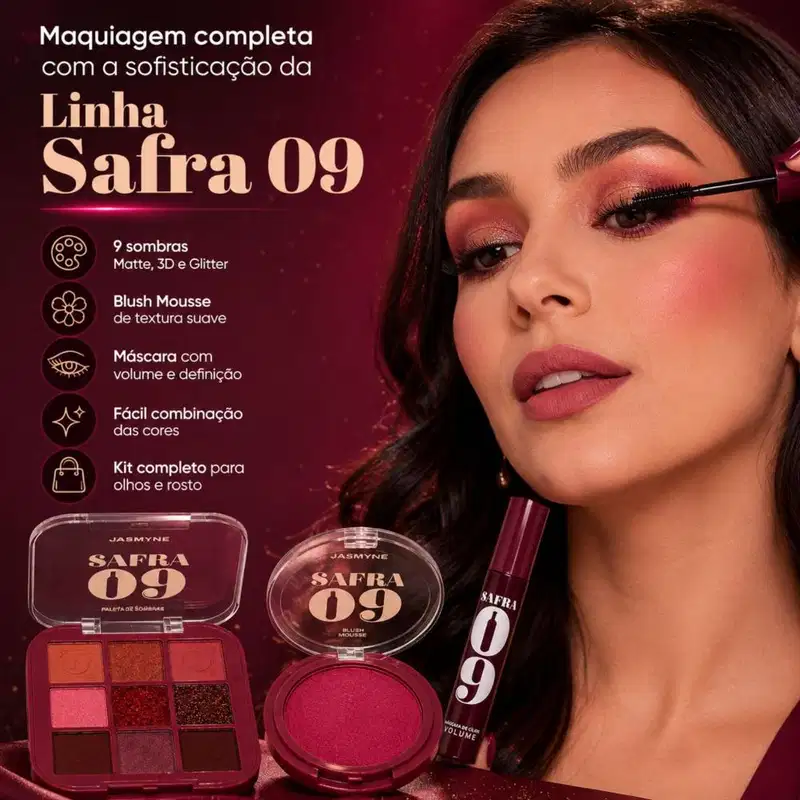 Kit Jasmyne Safra 09: Paleta De Sombras, Blush Pink Rosado, E Máscara