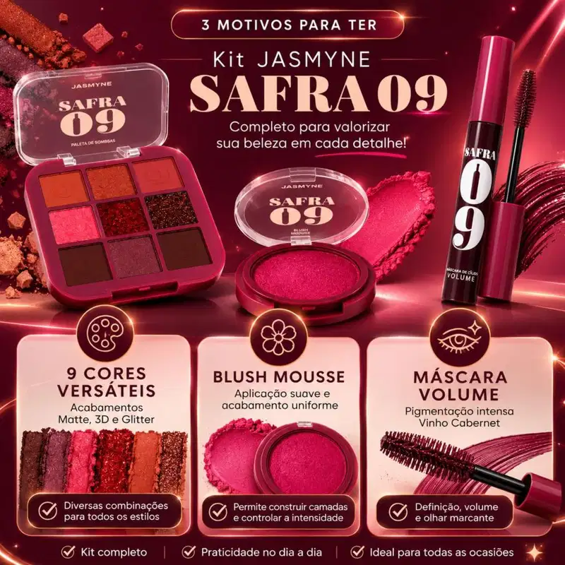 Kit Jasmyne Safra 09: Paleta De Sombras, Blush Pink Rosado, E Máscara