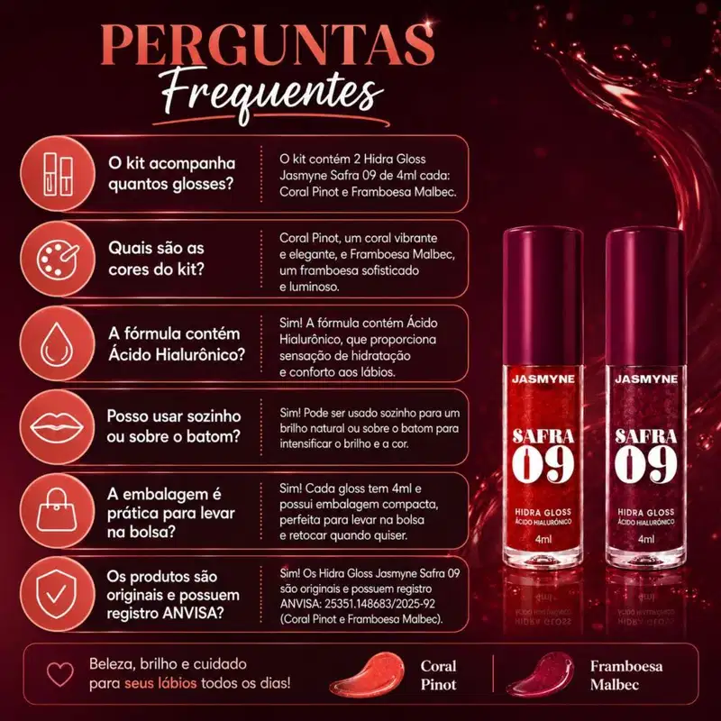 Kit Jasmyne Safra 09: Com 2 Hidra Gloss Frambroesa E Coral