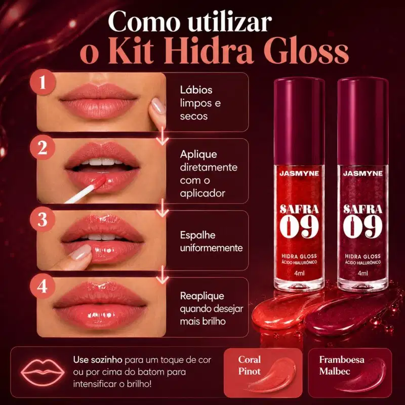 Kit Jasmyne Safra 09: Com 2 Hidra Gloss Frambroesa E Coral