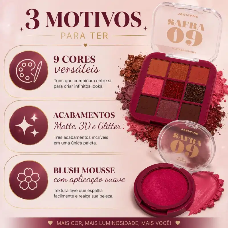 Kit Jasmyne Safra 09: Paleta De Sombras E Blush Pink Rosado