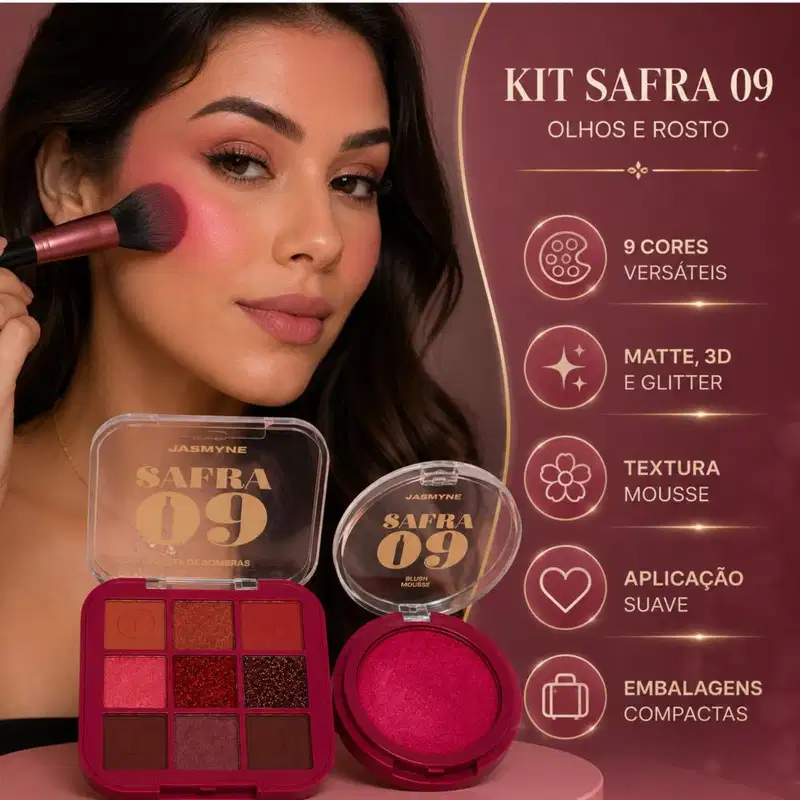 Kit Jasmyne Safra 09: Paleta De Sombras E Blush Pink Rosado