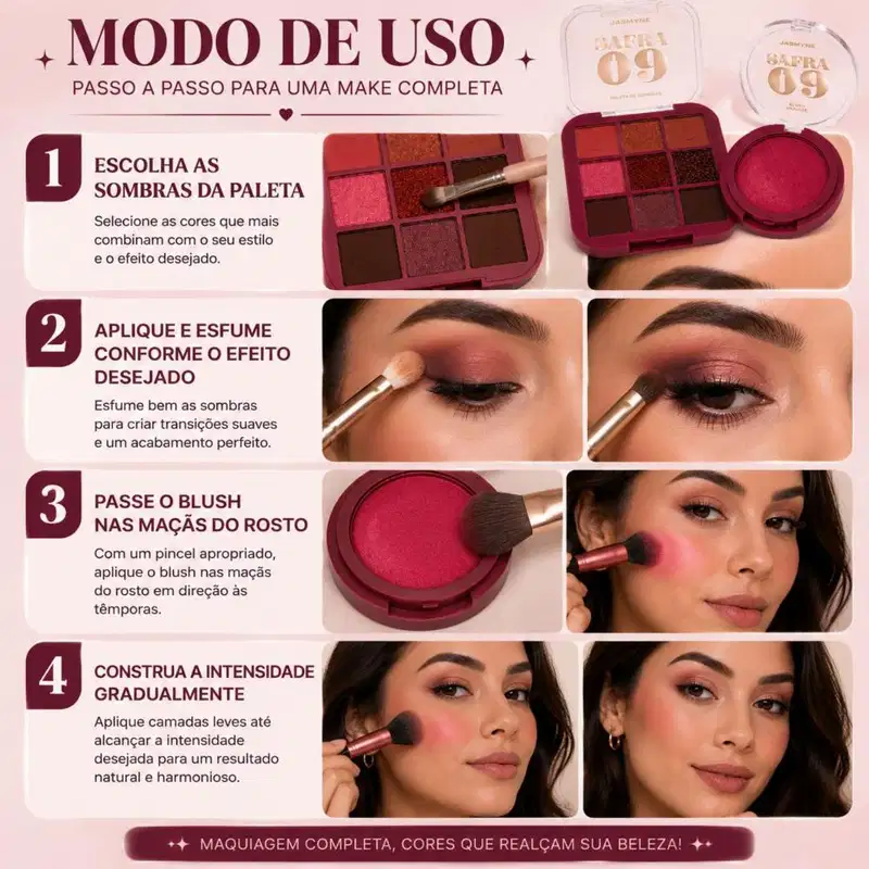 Kit Jasmyne Safra 09: Paleta De Sombras E Blush Pink Rosado