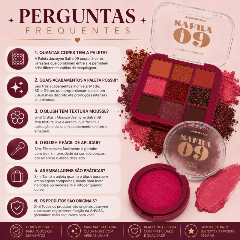 Kit Jasmyne Safra 09: Paleta De Sombras E Blush Pink Rosado
