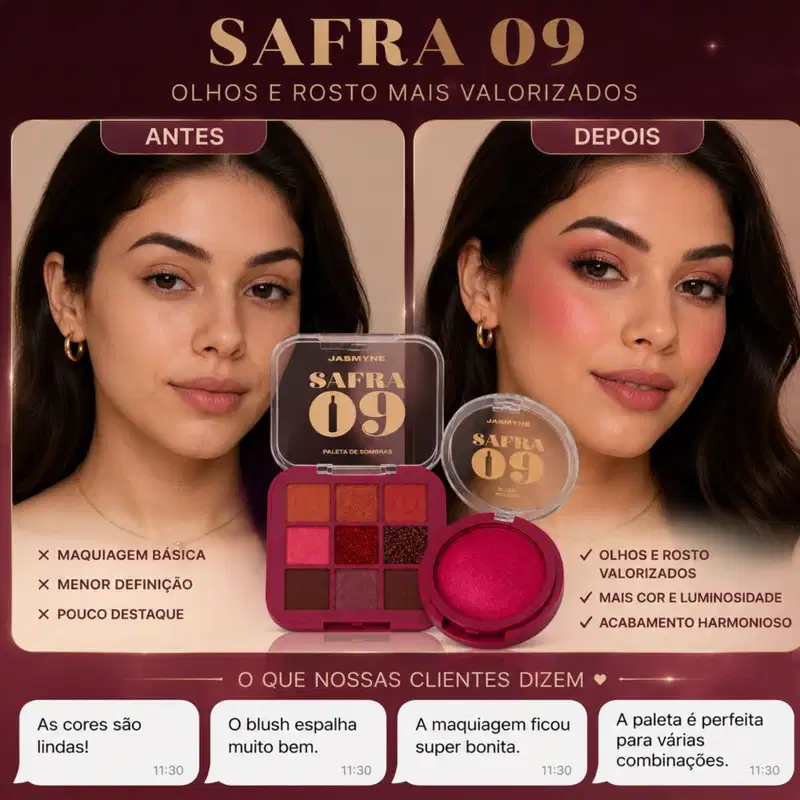 Kit Jasmyne Safra 09: Paleta De Sombras E Blush Pink Rosado