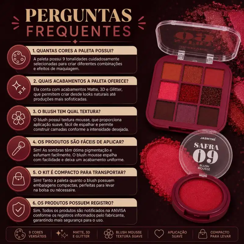 Kit Jasmyne Safra 09: Paleta De Sombras E Blush Vermelho Tinto