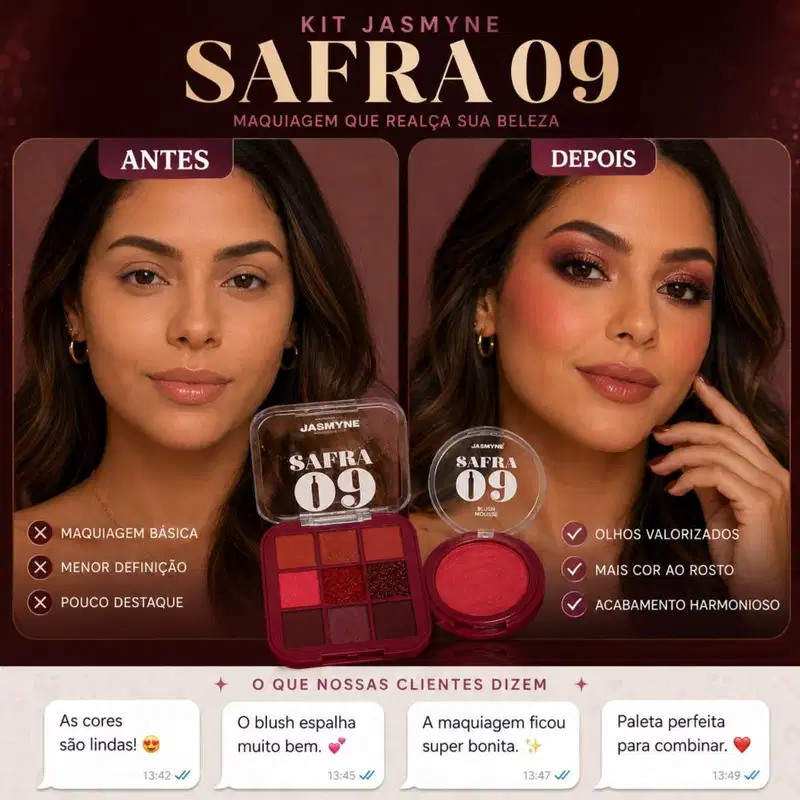 Kit Jasmyne Safra 09: Paleta De Sombras E Blush Vermelho Tinto
