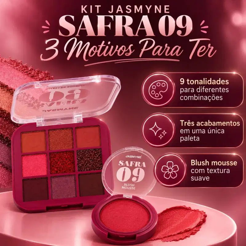 Kit Jasmyne Safra 09: Paleta De Sombras E Blush Vermelho Tinto