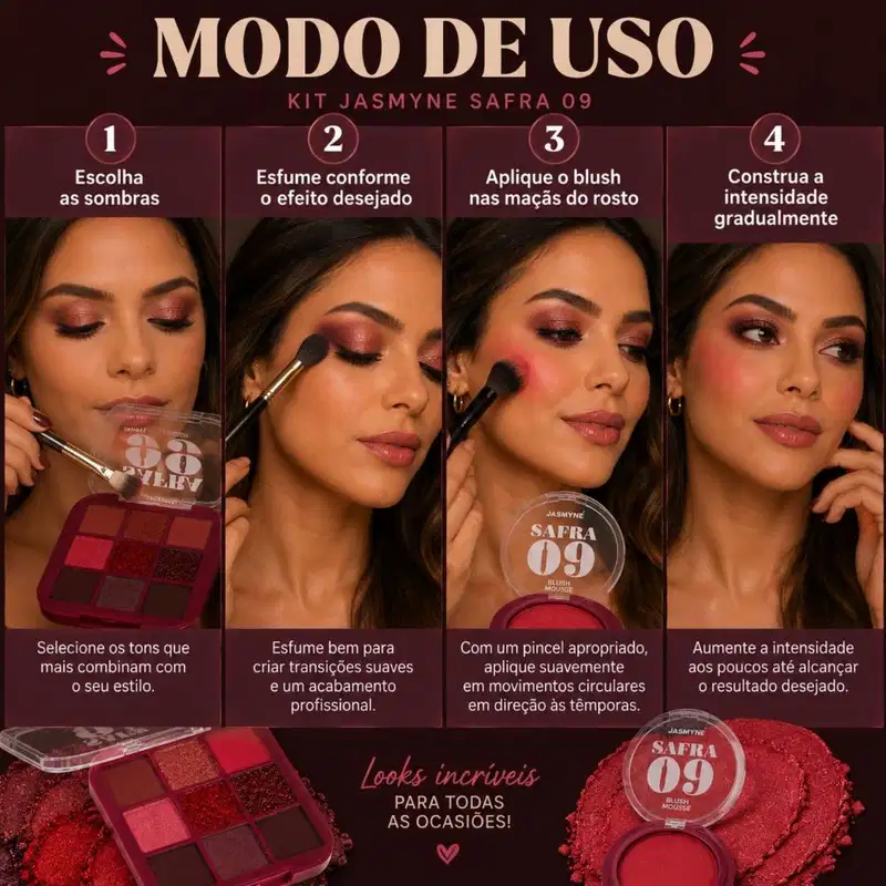 Kit Jasmyne Safra 09: Paleta De Sombras E Blush Vermelho Tinto