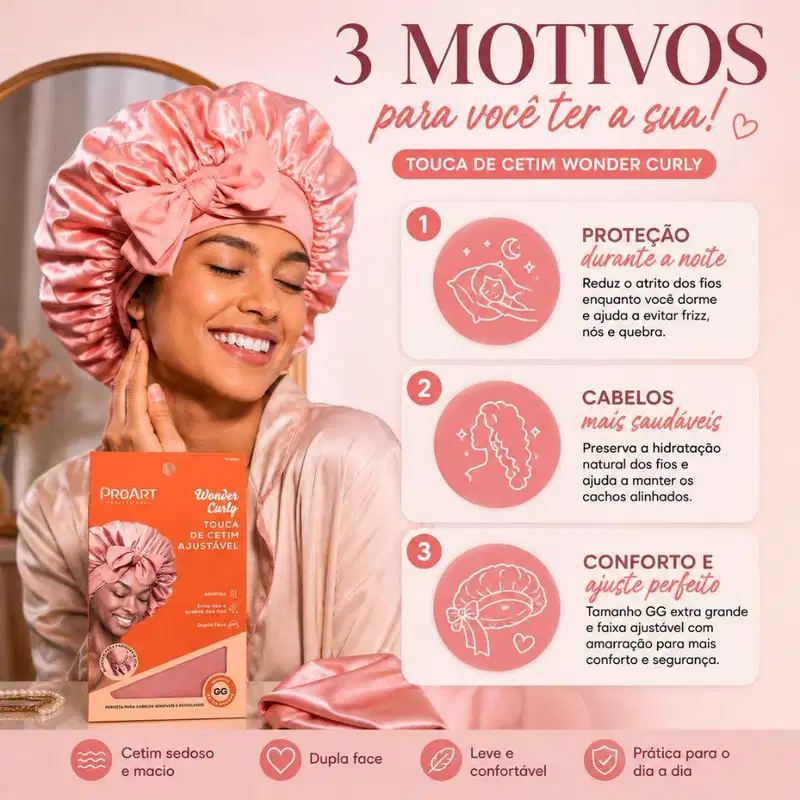 Touca De Cetim Ajustável Proart Wonder Curly Dupla Face Extra Grande Tc06bb