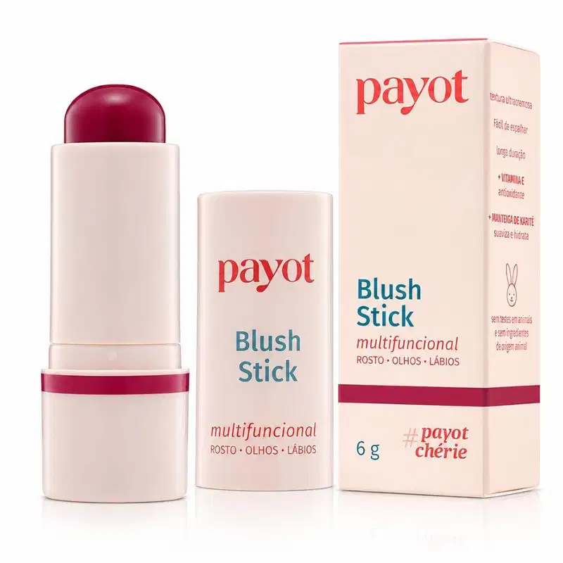 Embalagem de Payot Blush Stick multifuncional em formato de bastão, com caixa rosa e azul, contendo texto legível da marca e produto.