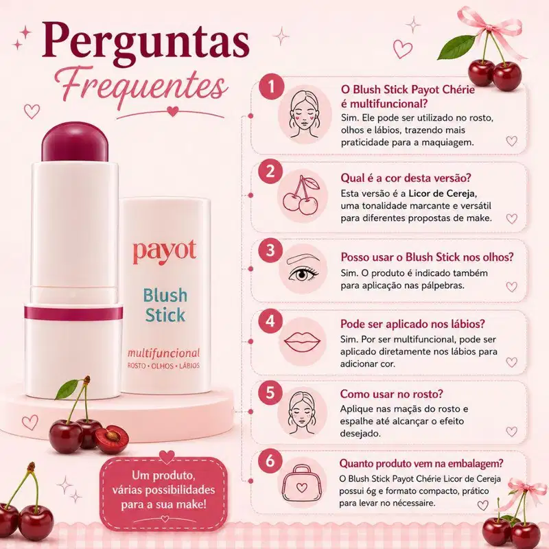 Imagem de um blush da marca Payot, com texto em português descrevendo suas funcionalidades como blush stick multifuncional para rosto, olhos e lábios, em embalagem compacta de 6g.