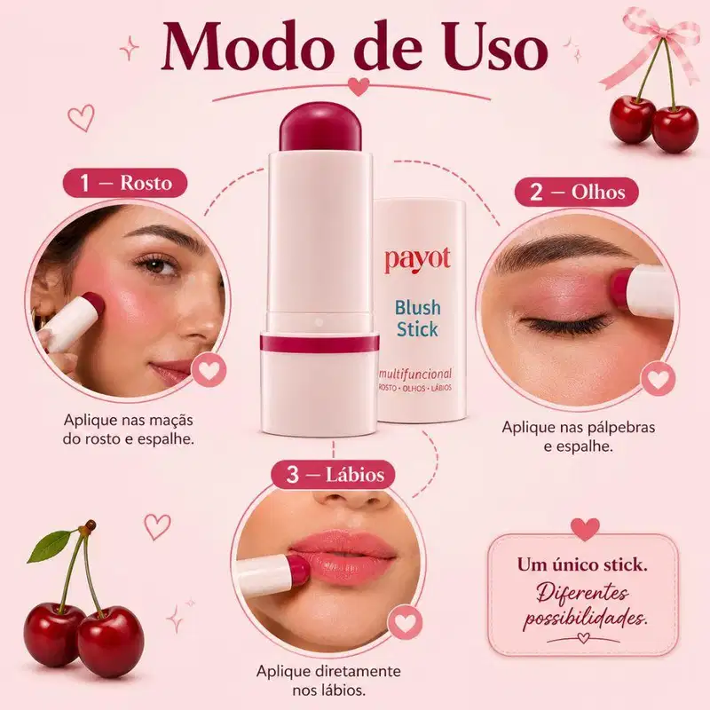 Imagem de um produto de maquiagem da marca Payot, com texto "Modo de Uso" e instruções de aplicação em rosto, olhos e lábios, além de um blush stick com embalagem rosa.