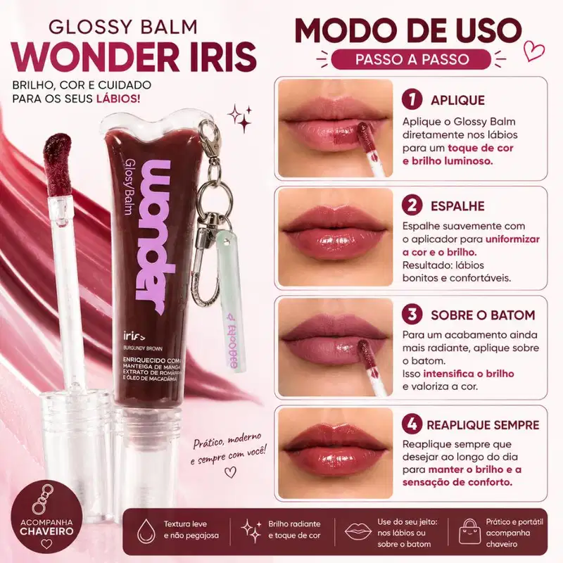 Glossy Balm Ruby Rose Wonder Iris Burgundy Brown Com Chaveiro Hb-l6413-3