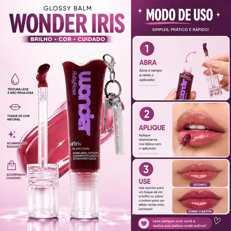 Glossy Balm Ruby Rose Wonder Iris Copatonic Com Chaveiro Hb-l6413-4