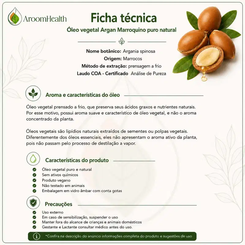 Óleo Vegetal Puro Natural Prensado a Frio de Argan 30ml