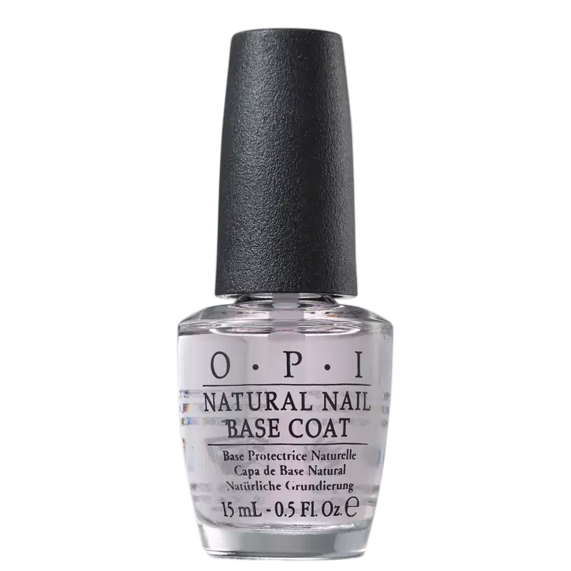 A imagem mostra o produto "O.P.I NATURAL NAIL BASE COAT", com volume de 15ml, com frasco de vidro transparente com tampa preta.