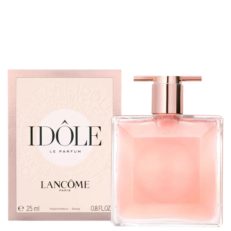 Frasco de perfume Idôle Lancôme com design elegante e minimalista em tons de rosa e dourado. Embalagem retangular com tampa e bomba dispensadora. Produto com aparência luxuosa e sofisticada.