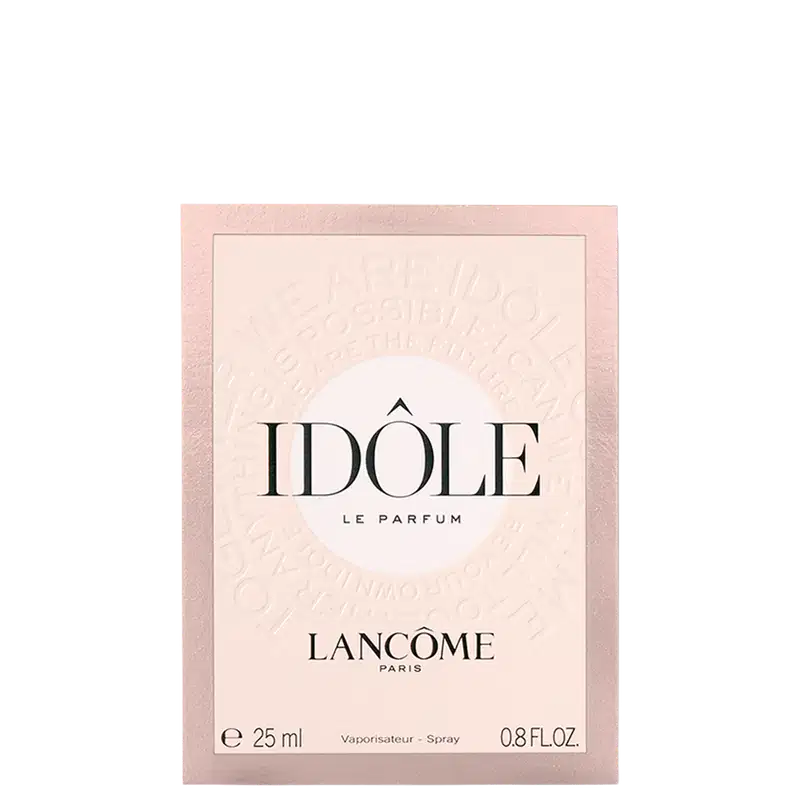 Frasco de perfume Idôle Lancôme com design elegante e minimalista em tons de rosa e dourado. Embalagem retangular com tampa e bomba dispensadora. Produto com aparência luxuosa e sofisticada.