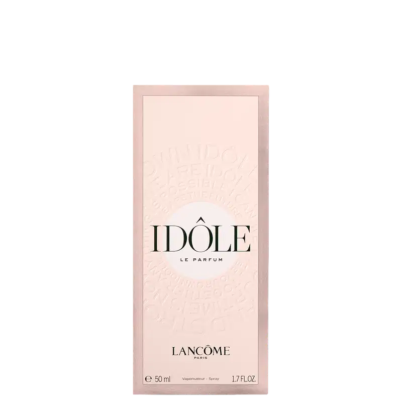 Frasco de perfume Idôle Lancôme de cor rosa claro, com tampa e corpo em formato retangular. Rótulo com nome da marca e informações do produto visíveis.
