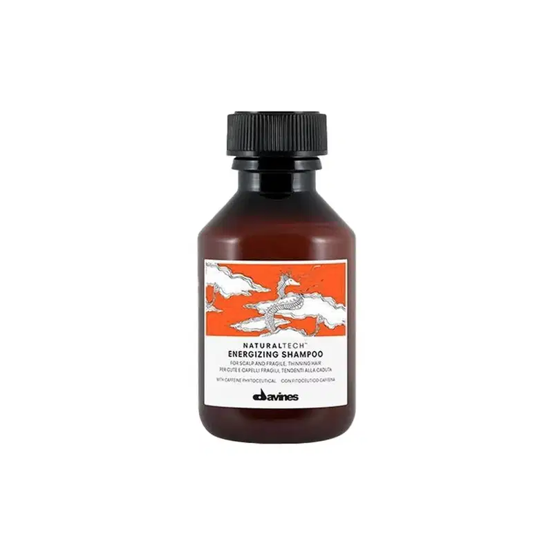 Frasco de shampoo Davines Naturaltech Energizing, com rótulo laranja e branco, contendo 250 ml do produto. O frasco possui tampa preta com ranhuras, indicando ser um shampoo energizante.