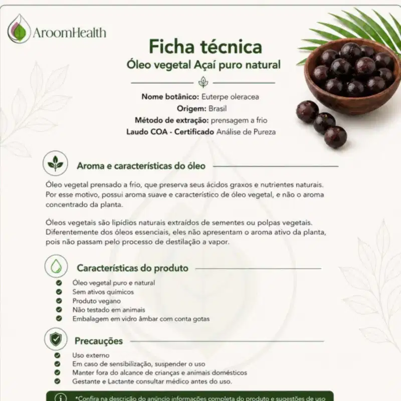 Óleo Vegetal Puro Natural Prensado a Frio de Açai 30 ml