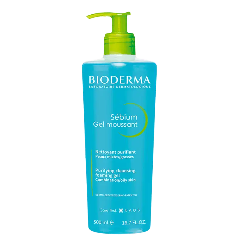 Frasco de gel espumante Bioderma Sébium, com bomba dosadora, 500 ml.