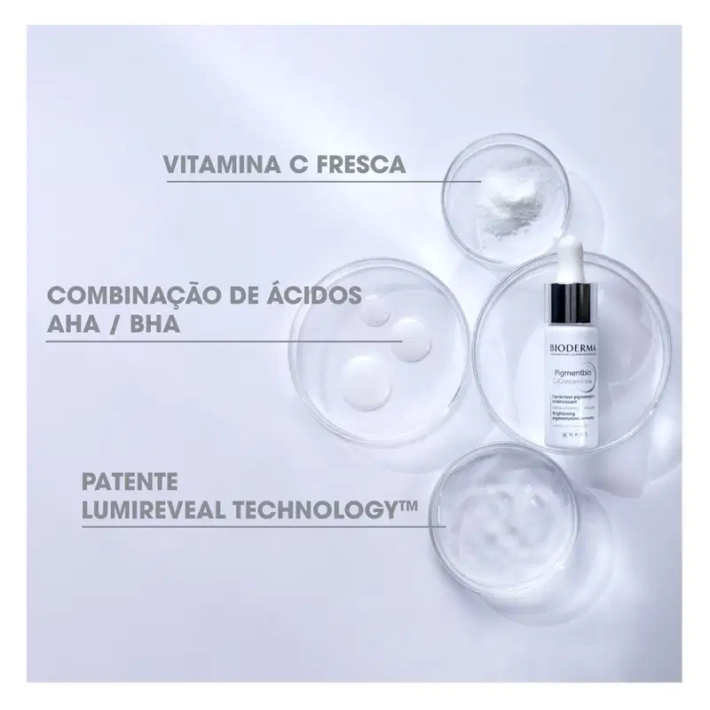 Embalagem com texto "Vitamina C fresca", "Combinação de ácidos AHA/BHA" e "Patente Lumireveal Technology".