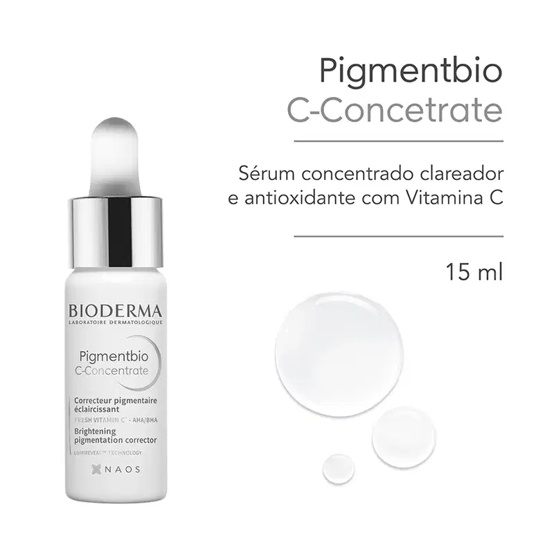 Frasco de vidro com conta-gotas contendo sérum concentrado clareador e antioxidante com Vitamina C da linha Pigmentbio da Bioderma. Rótulo em preto e branco com informações sobre o produto.