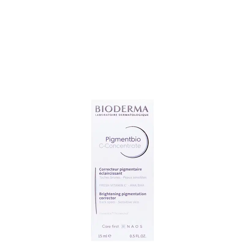 Frasco branco com rótulo da marca Bioderma, contendo "Pigmentbio C-Concentrate", um corretor pigmentar clareador para peles sensíveis com vitamina C, AHA e BHA.