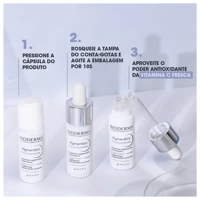 Embalagem de produto de cuidados para pele da marca Bioderma, com instruções de uso em português, incluindo pressionar a cápsula, agitar o conta-gotas e aproveitar o poder antioxidante da vitamina C fresca.