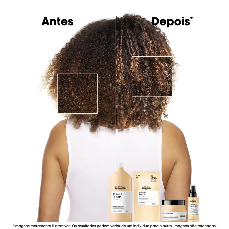 Antes e depois do uso de produtos de cabelo da marca L'Oreal. Lado esquerdo exibe cabelos crespos e escuros, enquanto o lado direito mostra cabelos mais claros e ondulados. Abaixo, há embalagens de itens de perfumaria da linha Absolut Repair da marca.