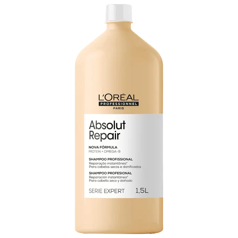 Frasco de item de perfumaria da marca L'Oreal Professionnel, com rótulo branco e amarelo claro. Contém 1,5 litros de "Absolut Repair" - um shampoo profissional para cabelos secos e danificados, com fórmula à base de proteínas e ômega-9.