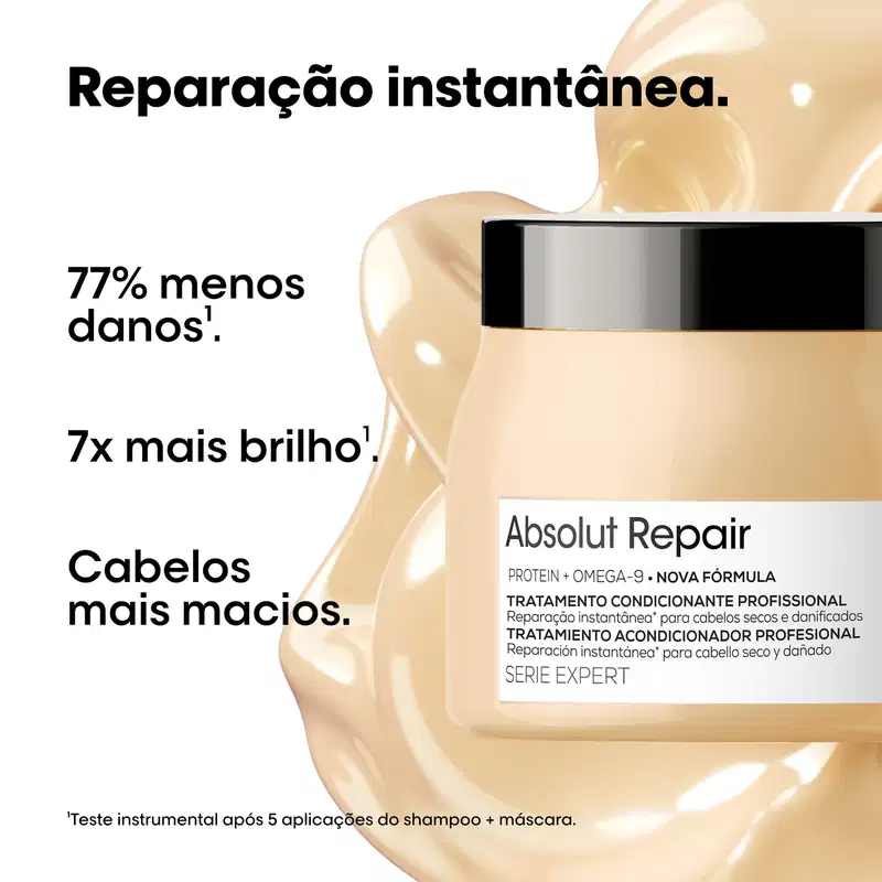 Tratamento condicionante profissional Absolut Repair da L'Oréal Professionnel em embalagem de 500g, com rótulo branco e preto destacando a fórmula à base de proteína e quinoa.