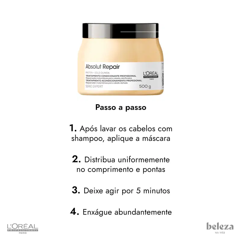 Tratamento condicionante profissional Absolut Repair da L'Oréal Professionnel em embalagem de 500g, com rótulo branco e preto destacando a fórmula à base de proteína e quinoa.