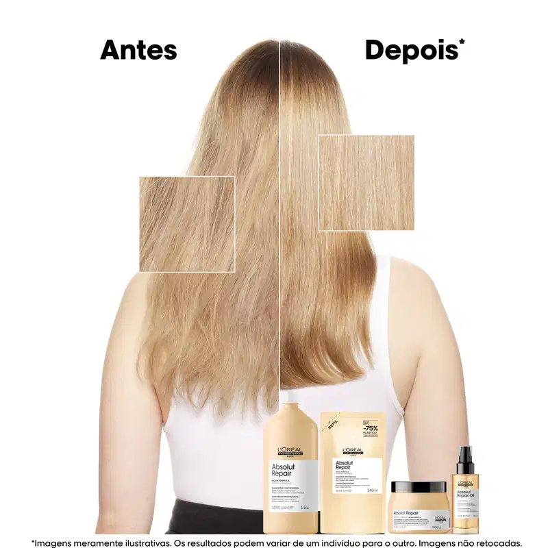 A imagem mostra o antes e depois do uso de produtos da linha Absolut Repair da L'Oréal Professionnel, destacando a melhoria na aparência dos cabelos após o tratamento. O cenário é minimalista, com fundo branco e os produtos da marca em destaque.