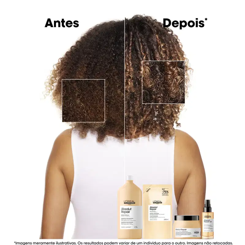 A imagem mostra o antes e depois do uso do produto de tratamento capilar Absolut Repair da L'Oréal Professionnel, destacando a melhora na textura e definição dos cachos após a aplicação.
