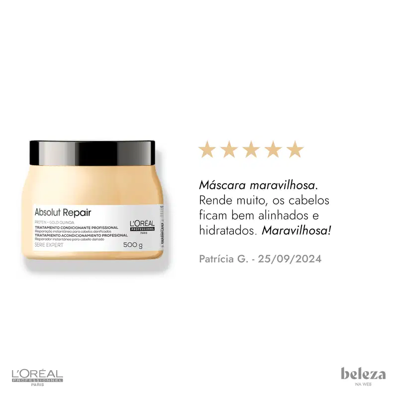Tratamento condicionante profissional Absolut Repair da L'Oréal Professionnel em embalagem de 500g, com rótulo branco e preto destacando a fórmula à base de proteína e quinoa.