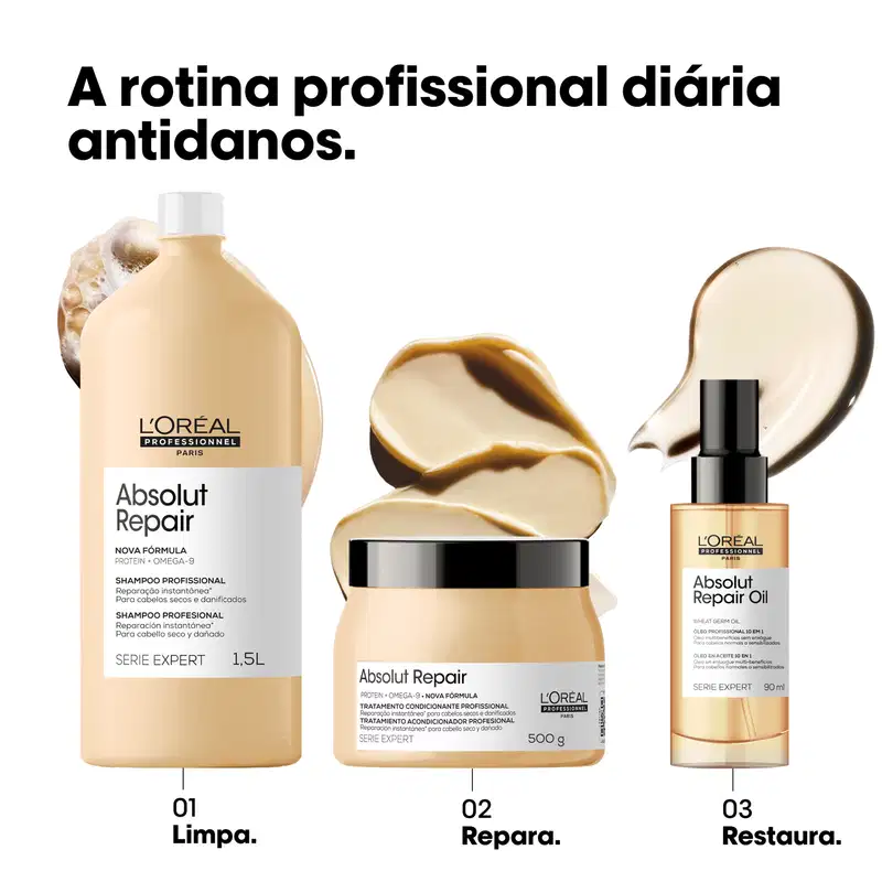 Linha de produtos Absolut Repair da L'Oréal Professionnel, composta por shampoo de 1,5L, tratamento condicionante de 500g e óleo de 90ml, com embalagens em tons de bege e preto, destacando a fórmula reparadora e a série expert.