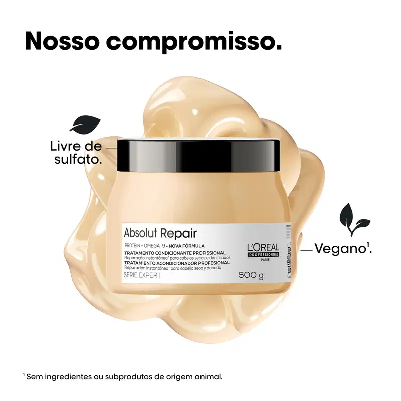 Tratamento condicionante profissional Absolut Repair da L'Oréal Professionnel em embalagem de 500g, com rótulo branco e preto destacando a fórmula à base de proteína e quinoa.