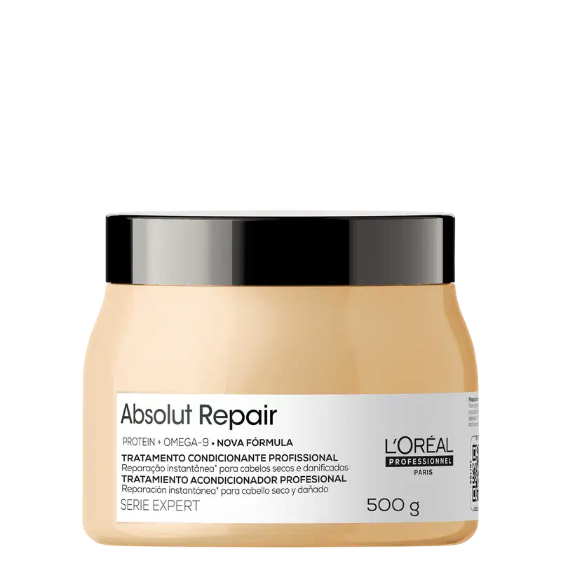 Tratamento condicionador profissional Absolut Repair da L'Oréal Professionnel, em embalagem de 500g, com fórmula à base de proteína e ômega-9 para reparação instantânea de cabelos secos e danificados.